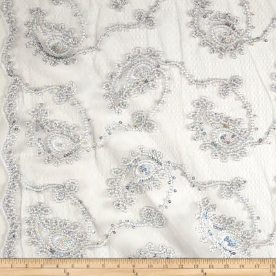 Silver Coco Paisley Sequin Double Border Lace Fabric