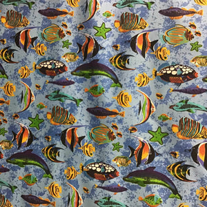 Marine Mixed Fish Light Blue Poly Cotton Fabric