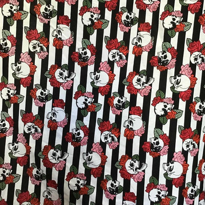 Black White Stripe FLoral Skulls 100% Cotton Fabric