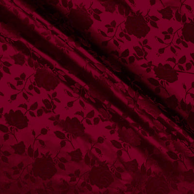 Burgundy Satin Jacquard Roses Fabric