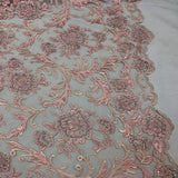 Pink Beaded Floral Embroidery Lace Fabric