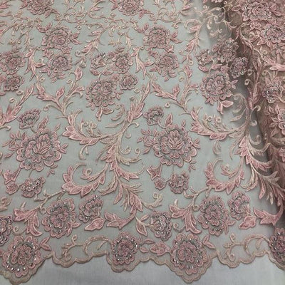 Pink Beaded Floral Embroidery Lace Fabric