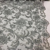 Silver Beaded Floral Embroidery Lace Fabric