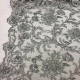 Silver Beaded Floral Embroidery Lace Fabric