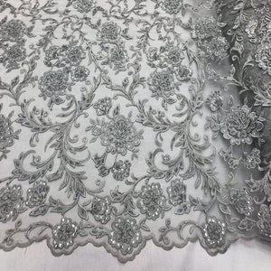 Silver Beaded Floral Embroidery Lace Fabric