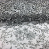 Silver Beaded Floral Embroidery Lace Fabric