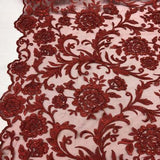 Red Beaded Floral Embroidery Lace Fabric