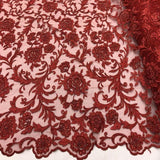 Red Beaded Floral Embroidery Lace Fabric