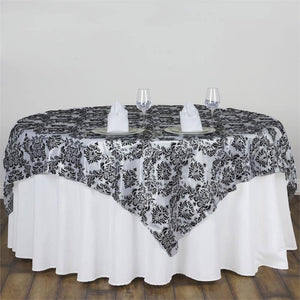 Black White Taffeta Flocking Damask Square Overlay 72" x 72"