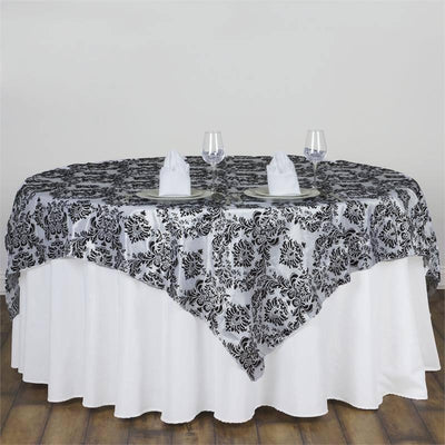 Black White Taffeta Flocking Damask Square Overlay 72