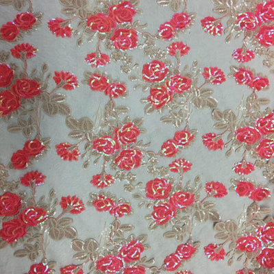 Coral Peach Roses 2 Tone Sequins Lace Fabric