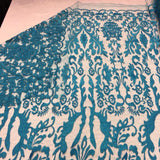 Teal Vanity Flare Sheer Lace Dress Fabric