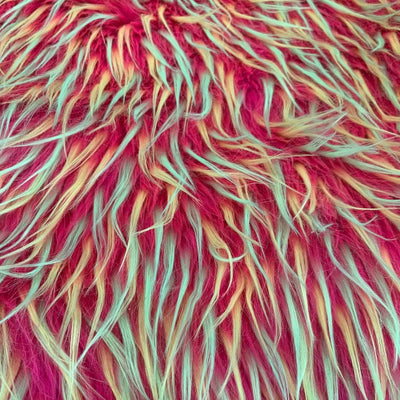 Yellow Aqua on Fuchsia Three Tone Spiked Faux Fur Fabric