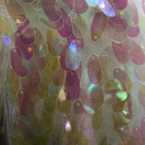 White Iridescent Big Teardrop Transparent Sequins Mesh Fabric